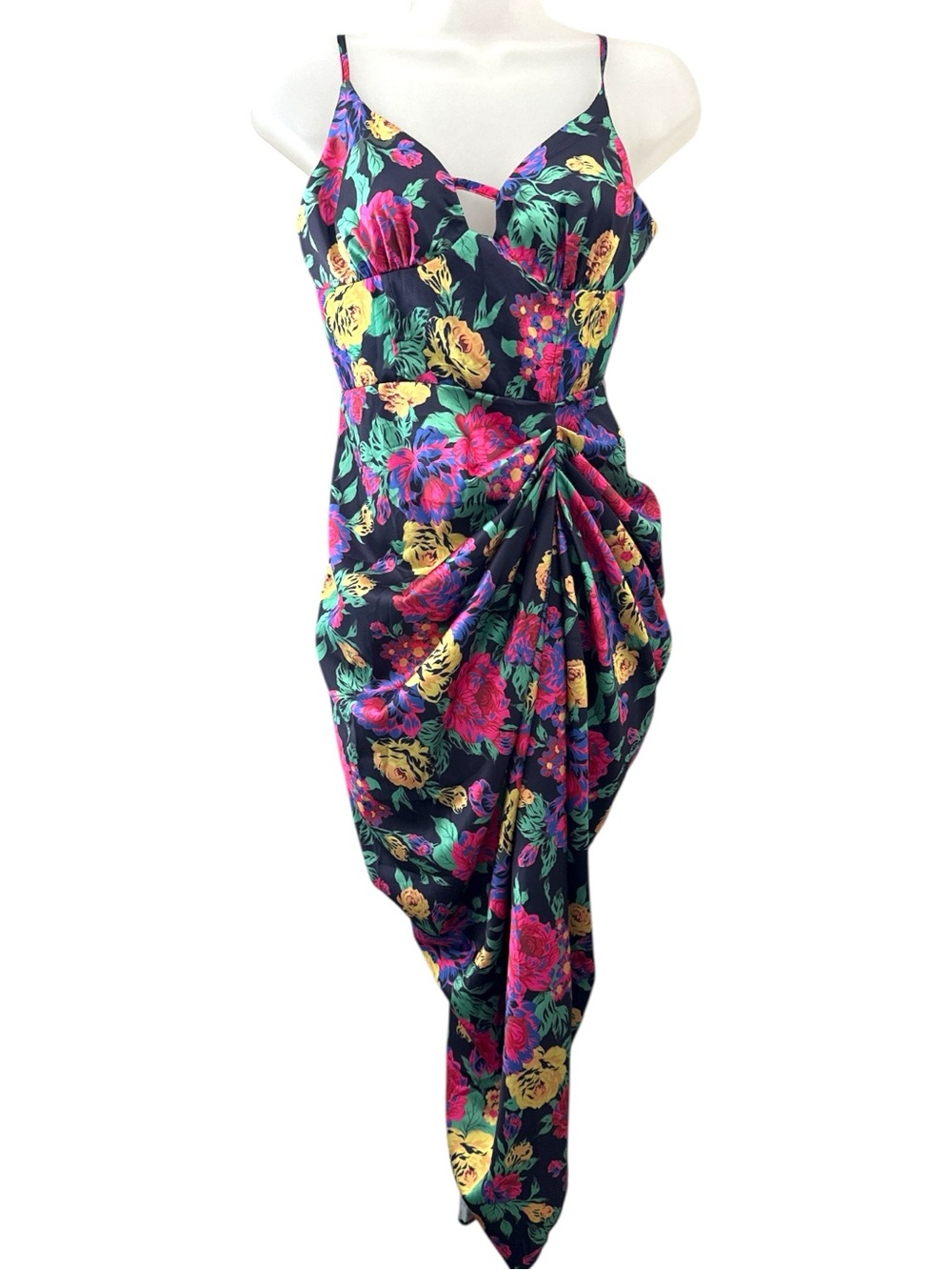 Floral Draped Women’s Swim One-Piece - Navy with Multicolor Floral